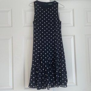 Ralph Lauren sleeveless navy blue polka dot chiffon dress